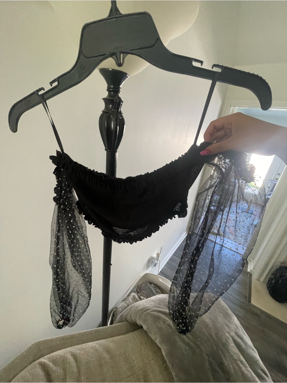 Sheer Polka Dot Sleeve Black Crop Top